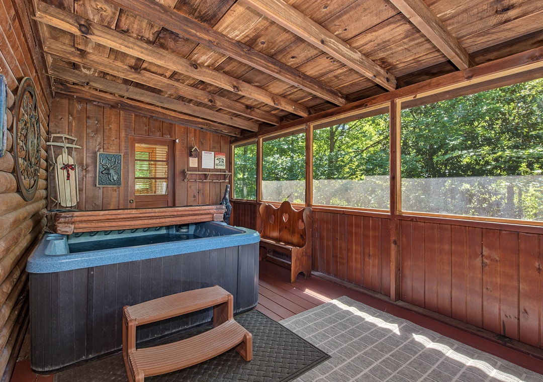 Unwind in your own private hot tub surrounded by warm wood walls and sunlight streaming through large windows. Step in and let your cares melt away as you soak in tranquil comfort.