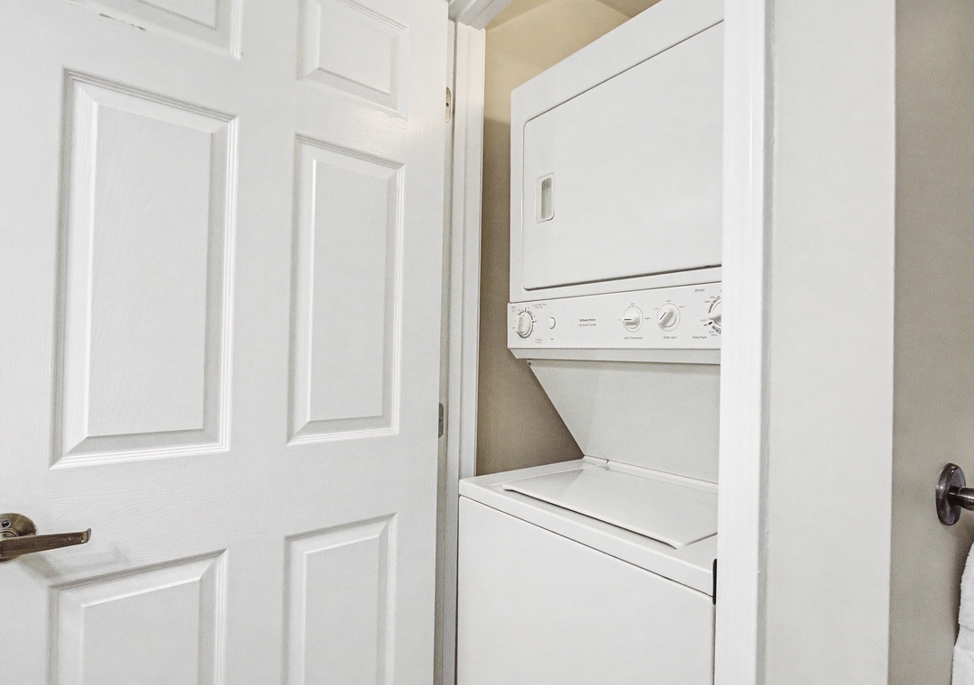 Your in-unit washer and dryer tucked neatly in this convenient closet makes packing light a breeze for your getaway.
