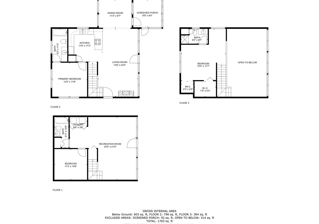 Three-level floor plan showing spacious bedrooms, full kitchen, dining room, screened porch, and recreation room—your home base for a comfortable stay.