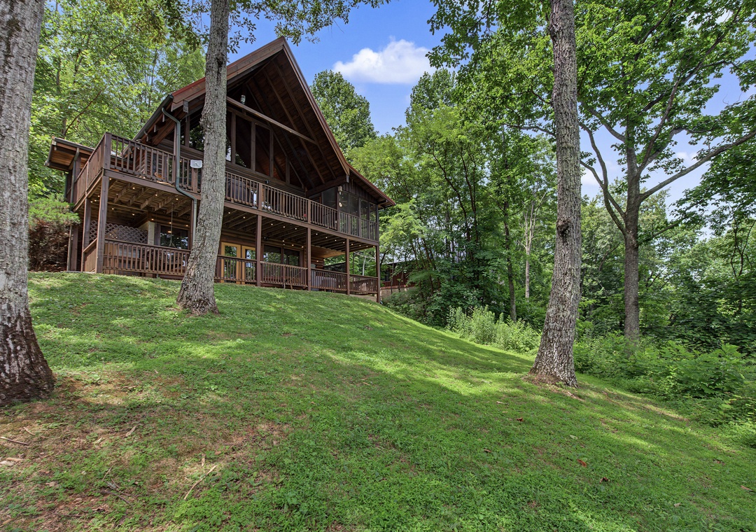 This charming cabin features a multi-level deck and is nestled among mature hardwood trees on a gently sloping hillside, offering serene woodland privacy.