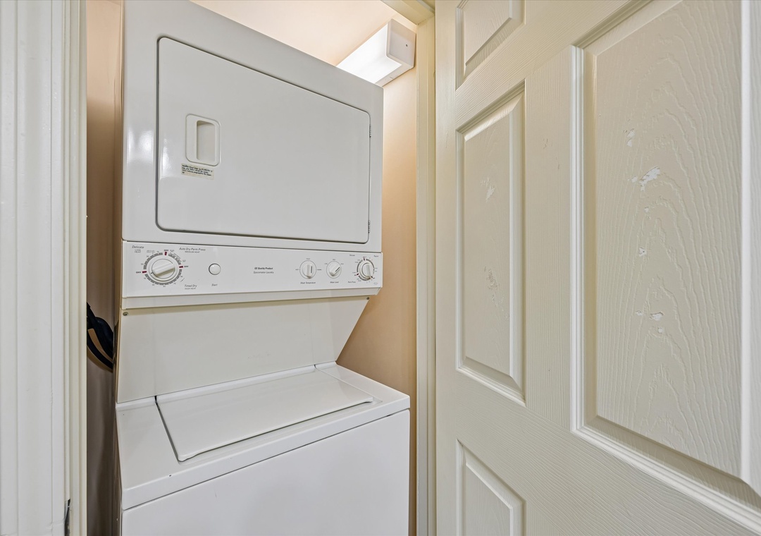 Your in-unit stacked washer and dryer provides convenient laundry access, making extended stays comfortable and hassle-free.