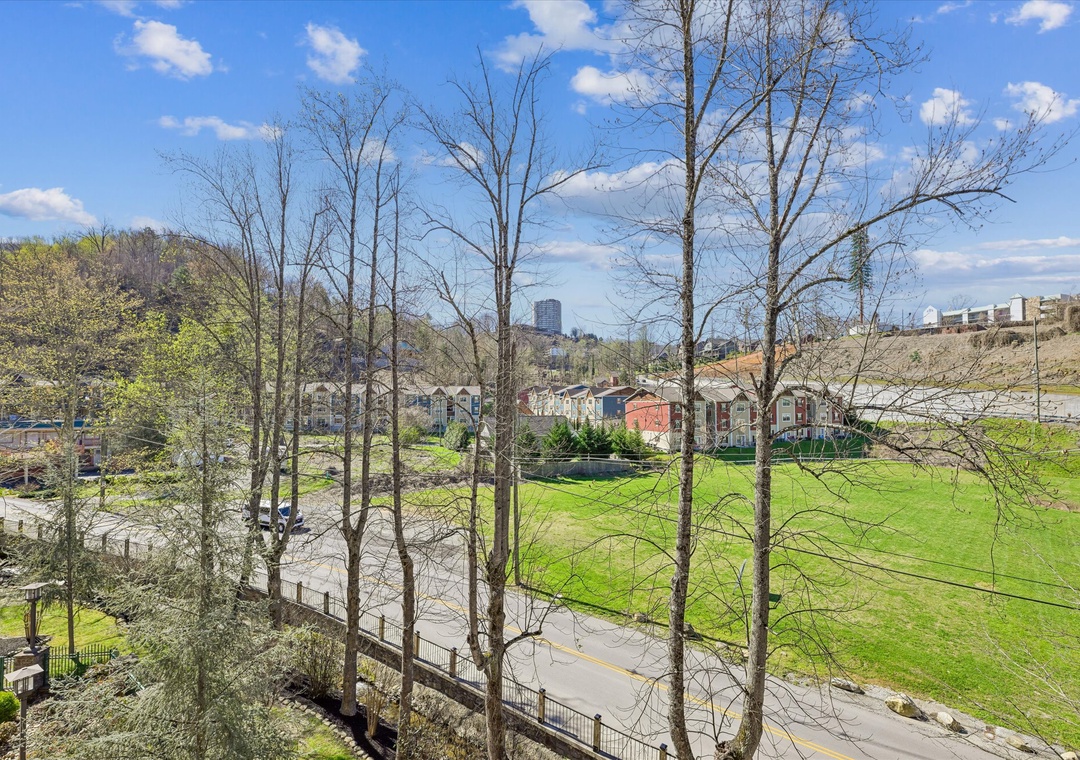 Scenic view overlooking green parkland and city skyline, with walking paths and recreational areas visible in the distance.