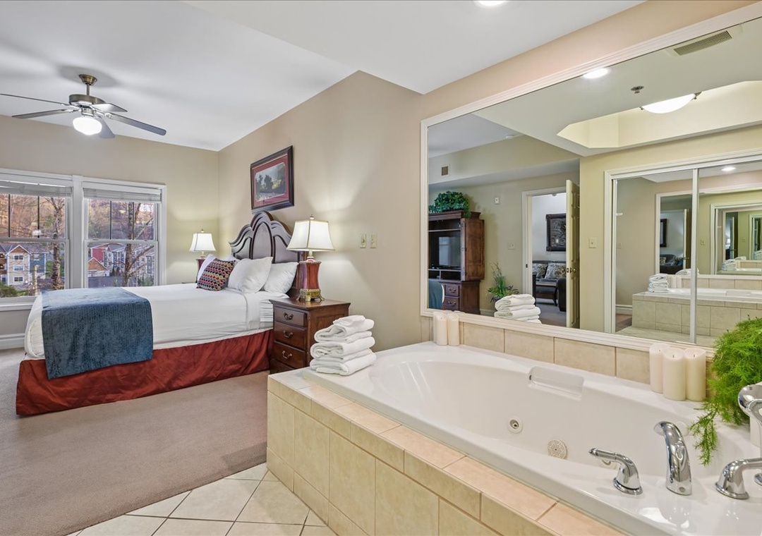 Unwind in your luxurious suite featuring a plush king bed and private jacuzzi tub where you can soak away stress.
