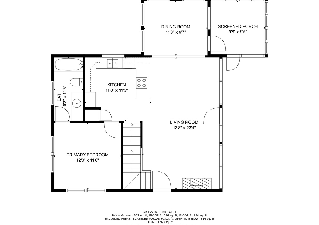Floor plan of this vacation rental showing a thoughtfully designed layout with spacious living areas, a well-equipped kitchen, dining room, primary bedroom, full bath, and a screened porch—all set across 1,763 square feet.