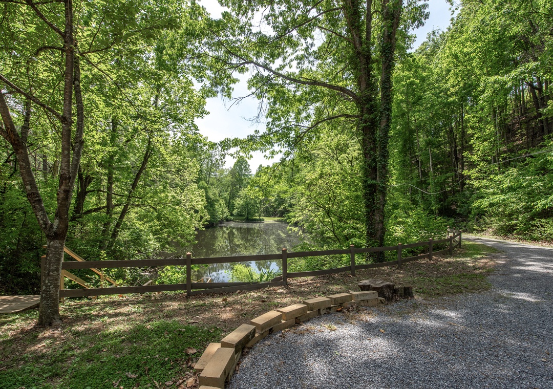 Peaceful pond nestled among towering trees with walking paths, offering serene natural surroundings as part of the nearby area.