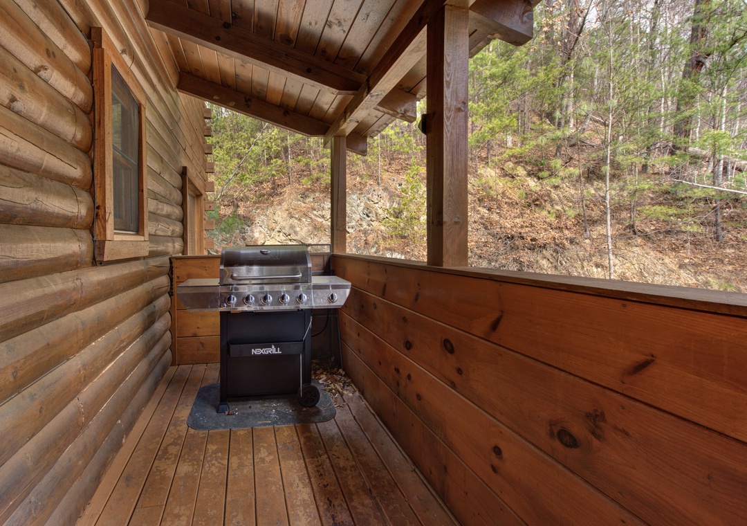 Your private covered deck with gas grill overlooks peaceful woodland, perfect for morning coffee or evening barbecues surrounded by nature.