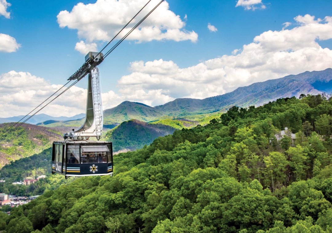 A scenic cable car glides over lush mountain forests beneath a brilliant blue sky with fluffy white clouds.