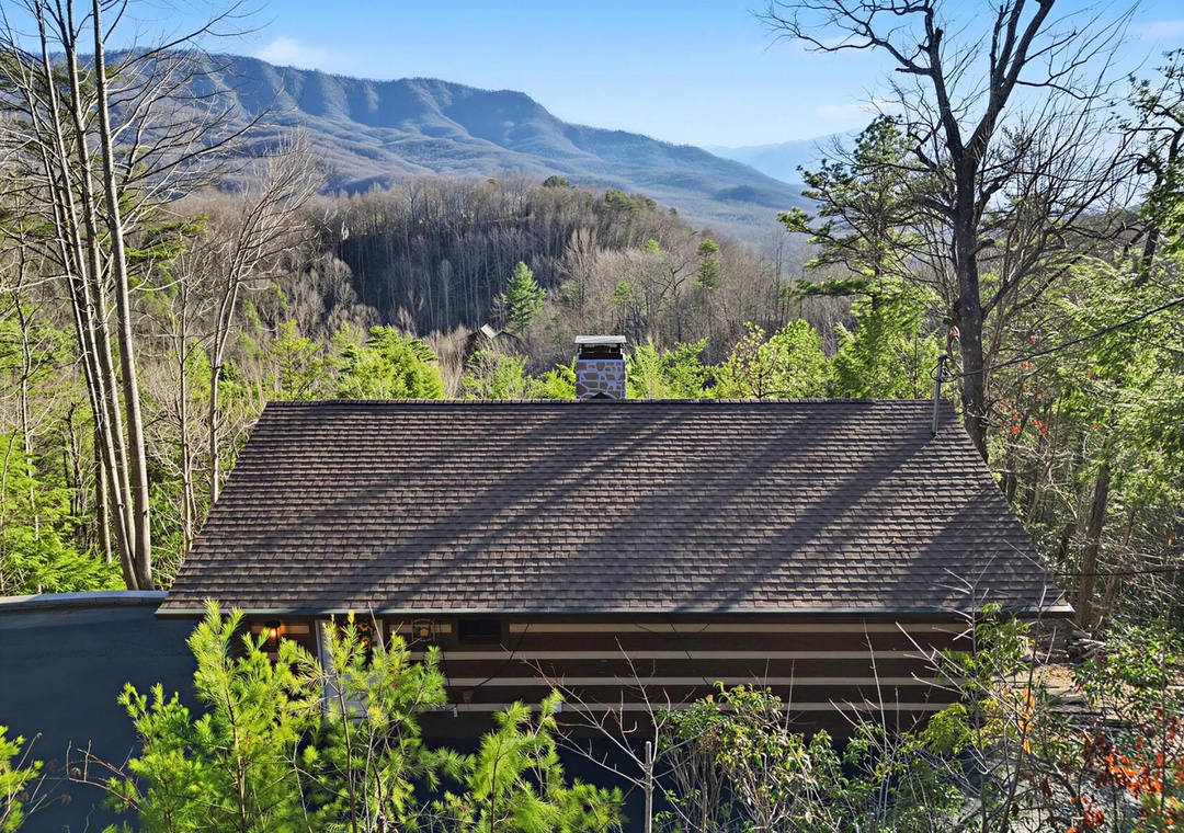 Mountain retreat nestled among the trees with stunning Blue Ridge views and peaceful woodland surroundings at the property entrance.