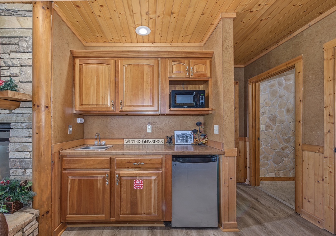 Your kitchenette comes complete with everything you need—microwave, mini-fridge, and sink—perfect for quick meals or snacks during your stay.