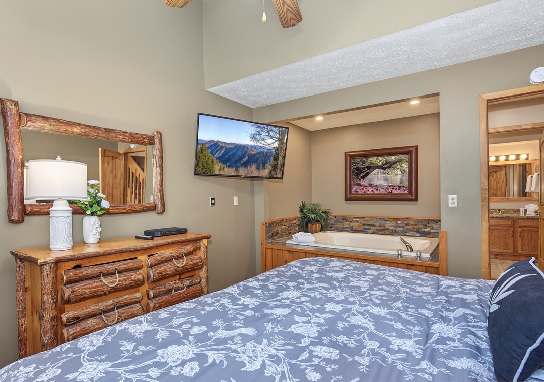 Unwind in your private retreat with rustic mountain charm, where a luxurious soaking tub awaits after your adventures.