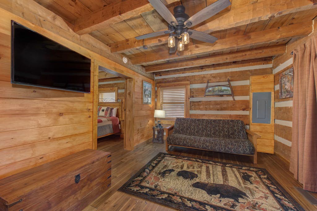 Relax in your inviting cabin retreat with rustic wood beams, cozy seating, and a flat-screen TV perfect for unwinding after exploring the mountains nearby.