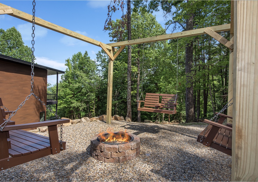 Picture yourself swaying gently in your swing, the fire crackling warmly as you unwind surrounded by peaceful forest. Your private outdoor retreat awaits.