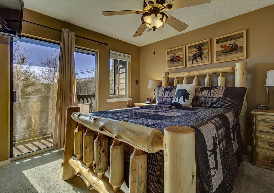 Sink into your rustic log bed surrounded by mountain charm, where morning light streams through your windows.