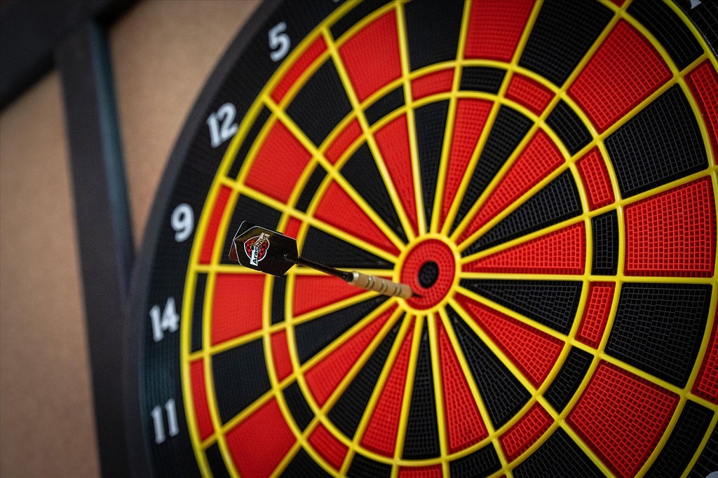 A classic dartboard ready for friendly competition, perfect for game nights and indoor entertainment with family and friends.