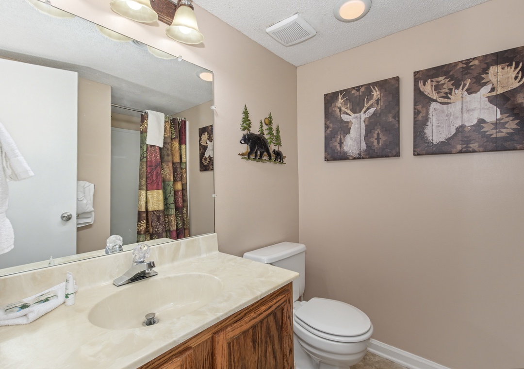 Step into your rustic-themed bathroom featuring woodland artwork and cozy cabin vibes for a refreshing mountain getaway experience.