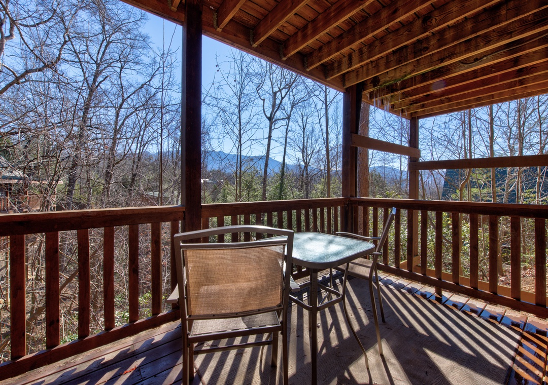 Sip your morning coffee on your private screened porch while soaking in breathtaking mountain views through towering forest canopy.