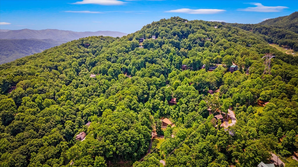 Aerial view captures the property nestled within lush forested mountains, offering a serene mountain community setting surrounded by natural beauty and rolling peaks.
