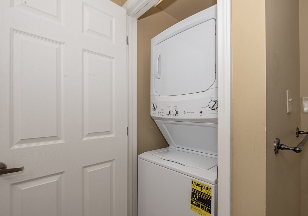 Your private laundry closet features a convenient washer-dryer combo, making longer stays effortless and comfortable.