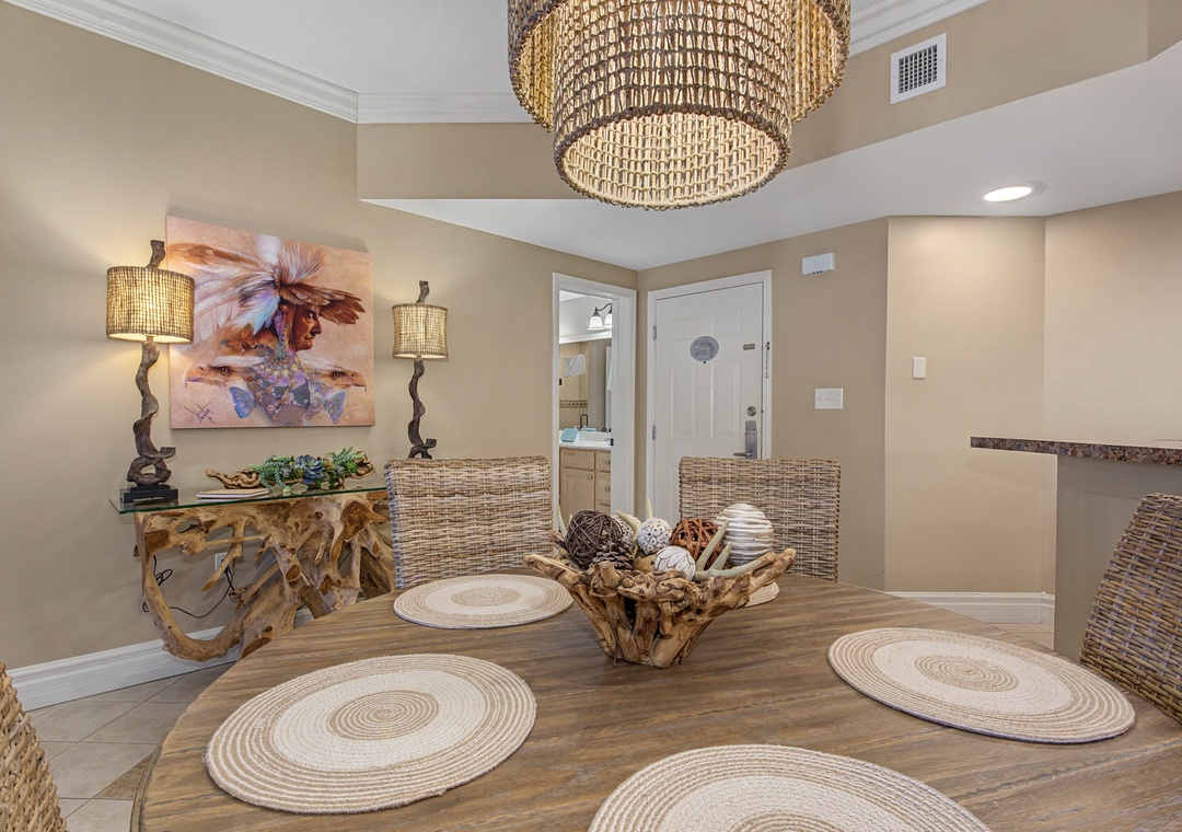 Your elegant dining space features handcrafted furniture and warm coastal touches, perfect for memorable meals together.