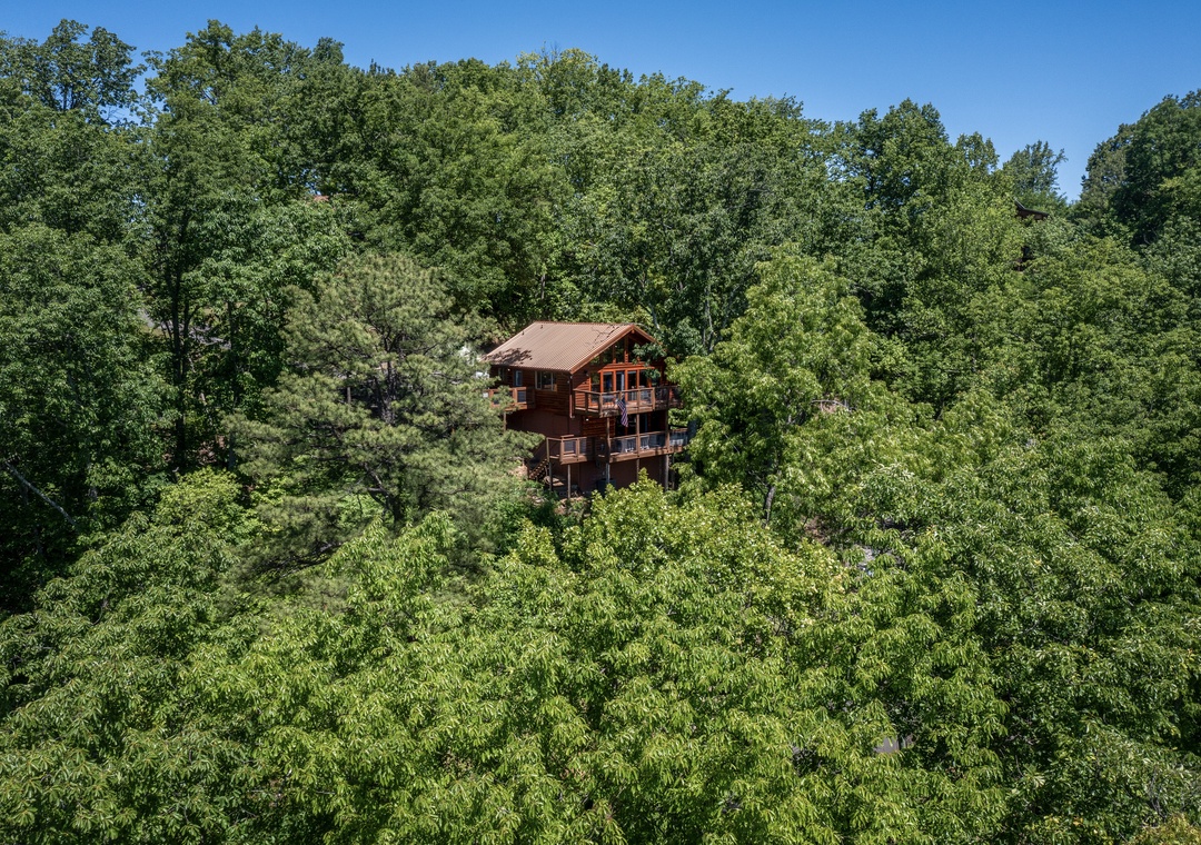 Aerial view of a charming wooden cabin nestled in lush forest, offering private seclusion surrounded by natural greenery and blue skies.