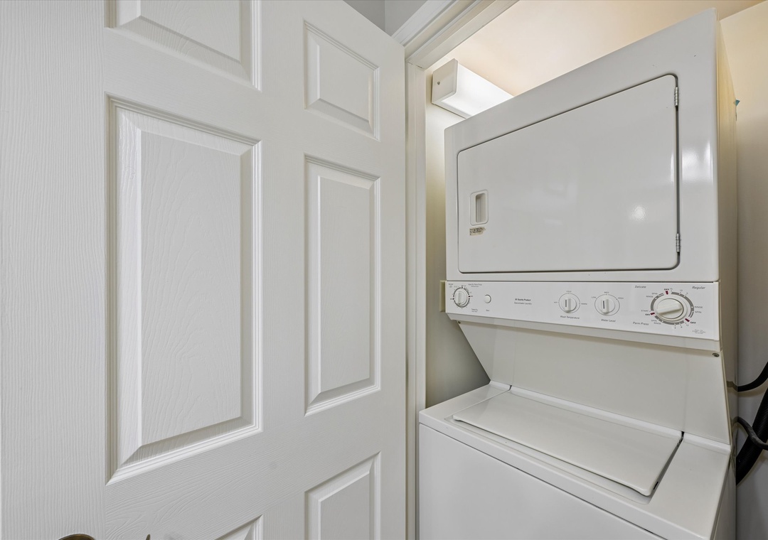 Your in-unit laundry closet keeps travel light with full-sized washer and dryer for fresh clothes throughout your stay.