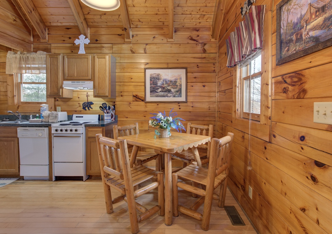 Gather around your rustic wooden table in this cozy log cabin kitchen, where warm wood surrounds you and sunlight streams through windows.