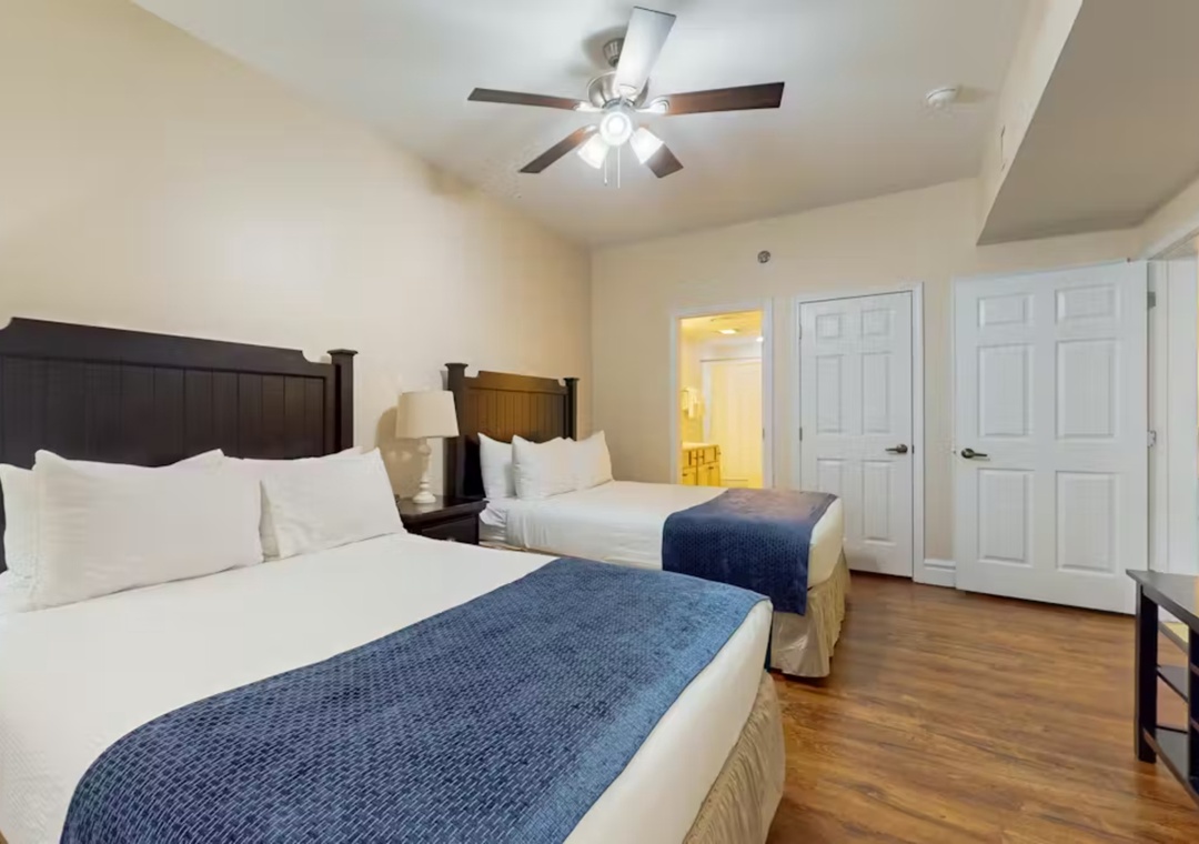 Relax in your spacious room featuring two comfortable beds with crisp linens and elegant navy accents, plus a ceiling fan for perfect temperature control.