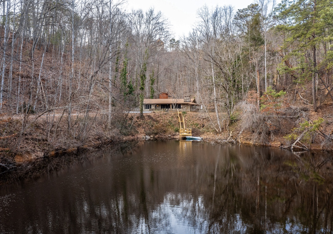 A secluded lakefront retreat nestled among bare winter trees, featuring a private dock and peaceful water views in a natural woodland setting.