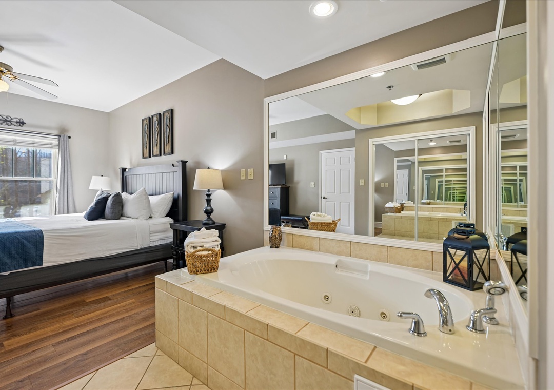 Unwind in your romantic suite with a luxurious jetted tub and cozy king bed, perfect for intimate getaways.