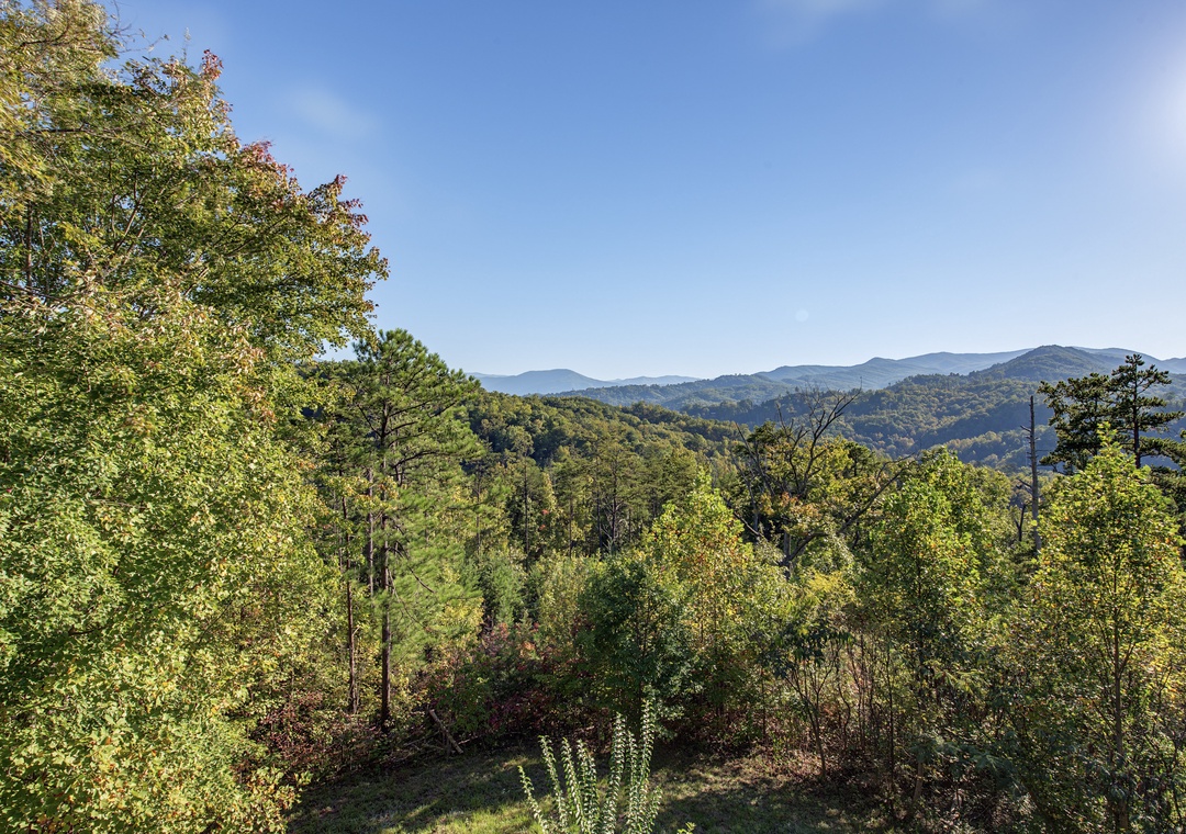The property is nestled in a picturesque mountain setting, surrounded by lush forest and offering sweeping views of layered peaks beneath clear blue skies.