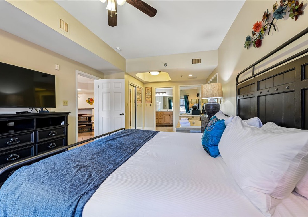 Unwind in your spacious suite with plush linens, rustic ceiling beams, and modern amenities creating the perfect blend of comfort and style.