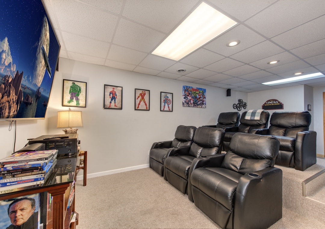 Your private theater awaits with plush leather recliners and surround sound for movie nights that feel like the cinema.