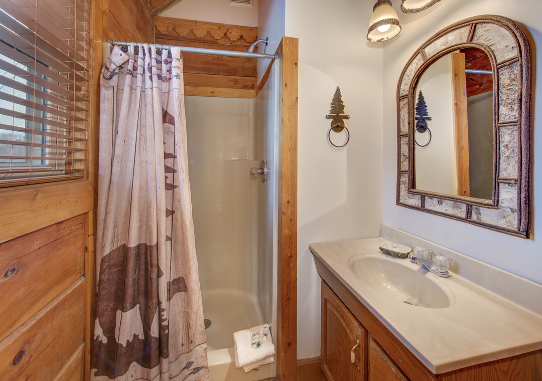 Rustic bathroom features charming wildlife touches and warm wood accents for your mountain getaway comfort.
