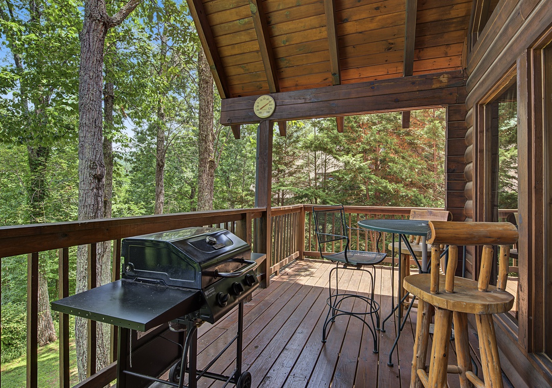 A covered deck nestled among towering trees, where you can grill, dine, and unwind surrounded by nature's peaceful embrace and fresh forest air.