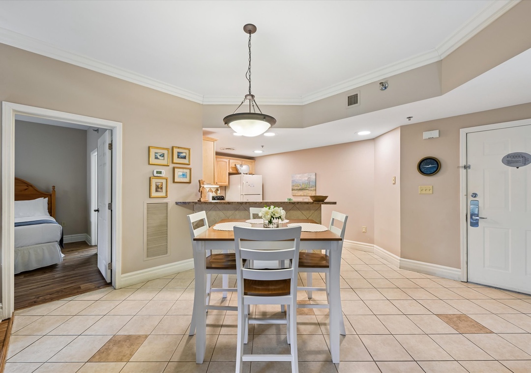 Gather around your dining table for memorable meals, with the open kitchen perfect for preparing and the bedroom just steps away.