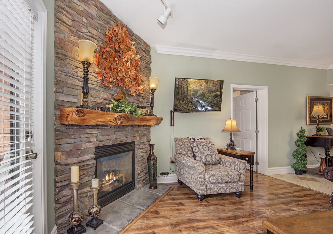 Cozy up by your crackling stone fireplace with a good book, surrounded by warm autumn touches and mountain charm.