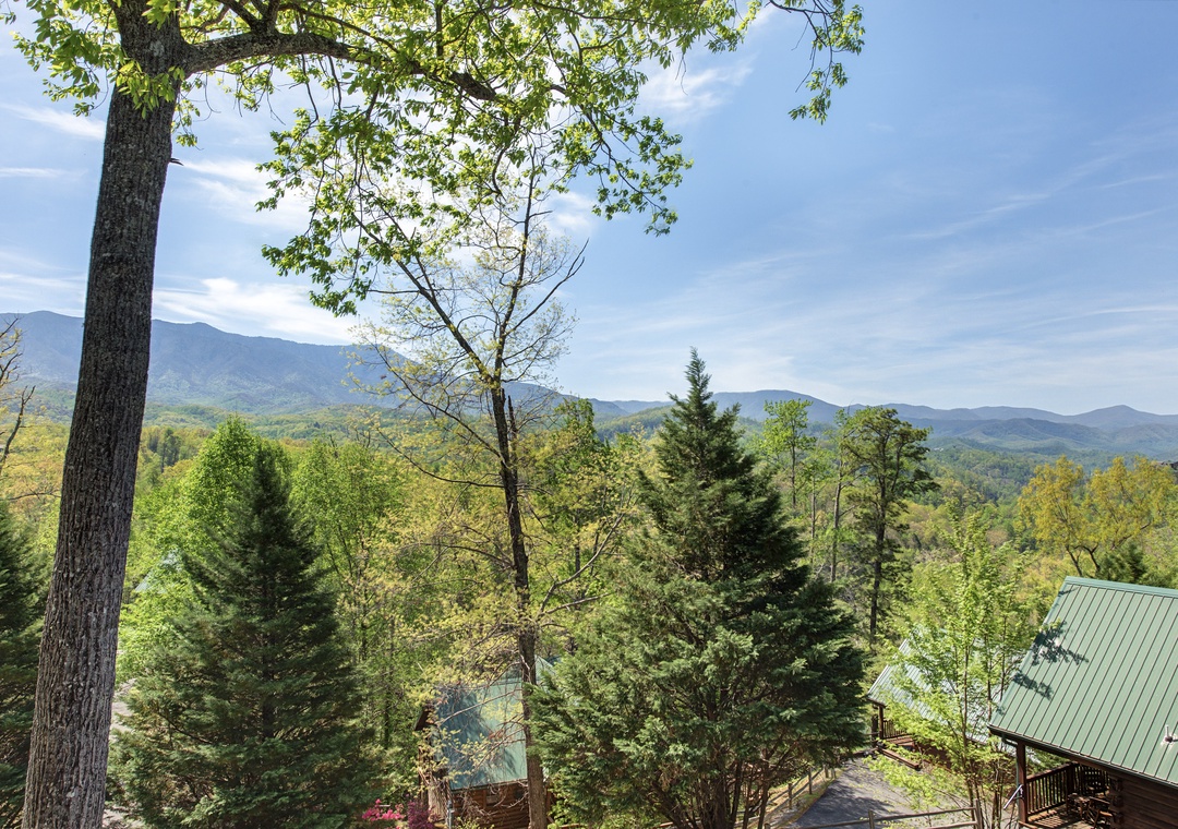 Breathtaking mountain views stretch across forested ridges from this elevated mountain retreat surrounded by towering trees.