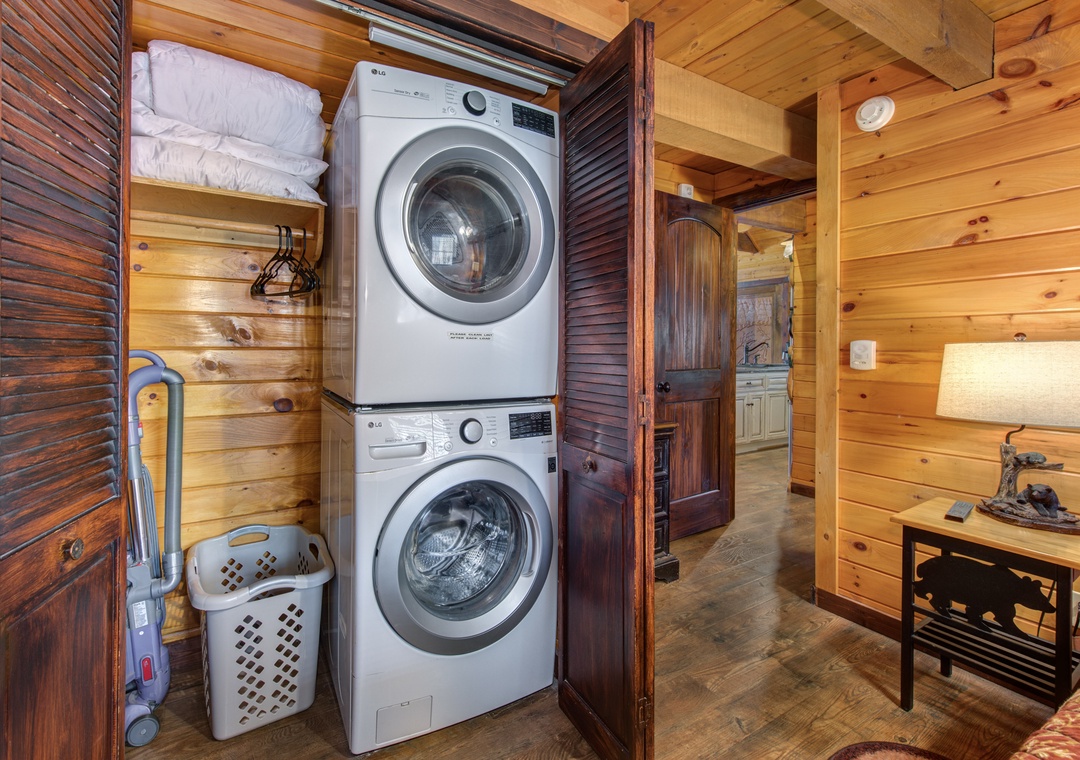 Your own washer and dryer await in this cleverly designed cabinet, making longer stays effortless and comfortable.