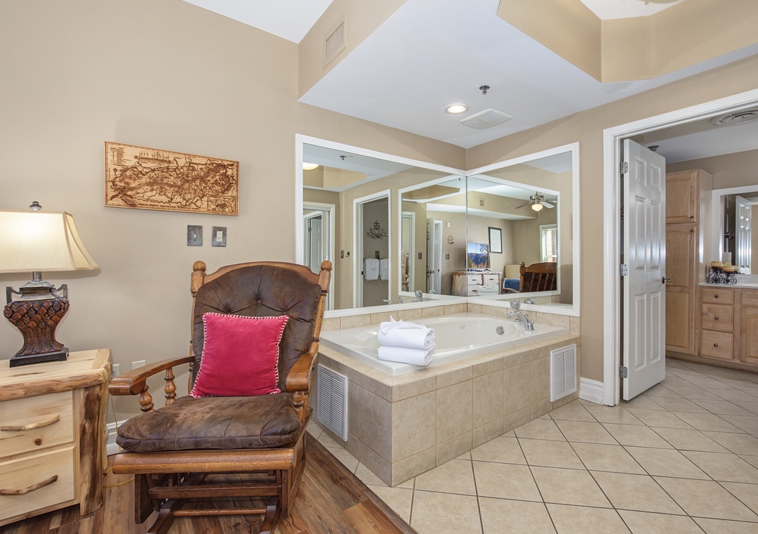 Sink into your private jetted tub surrounded by warm rustic charm and soft lighting for the ultimate relaxation retreat.