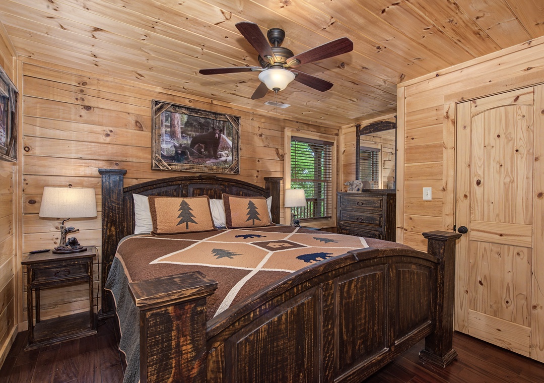 Rustic elegance meets cozy comfort in this serene bedroom with handcrafted wooden details, nature-inspired accents, and soft lighting to help you unwind after your mountain adventures.