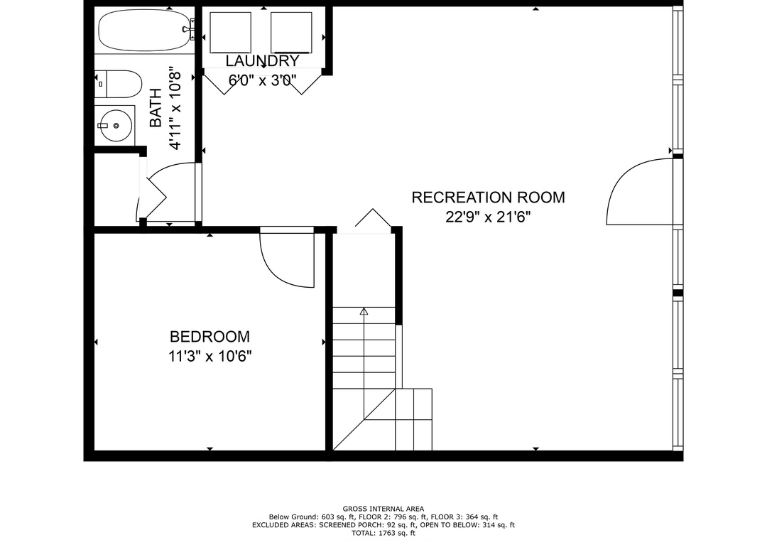 This floor plan reveals a spacious recreation room with a bedroom, full bath, and convenient laundry—your perfect retreat for entertaining or unwinding.