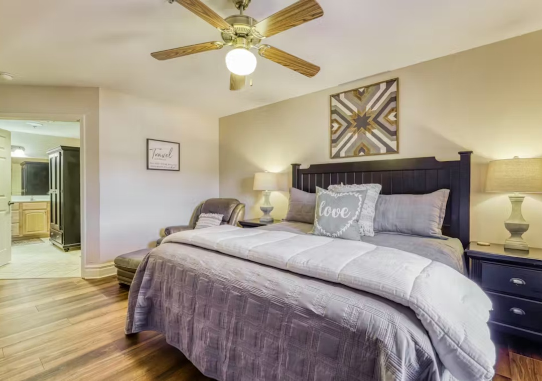 Drift off in your peaceful bedroom sanctuary, where soft linens and warm lighting create the perfect end to your getaway days.