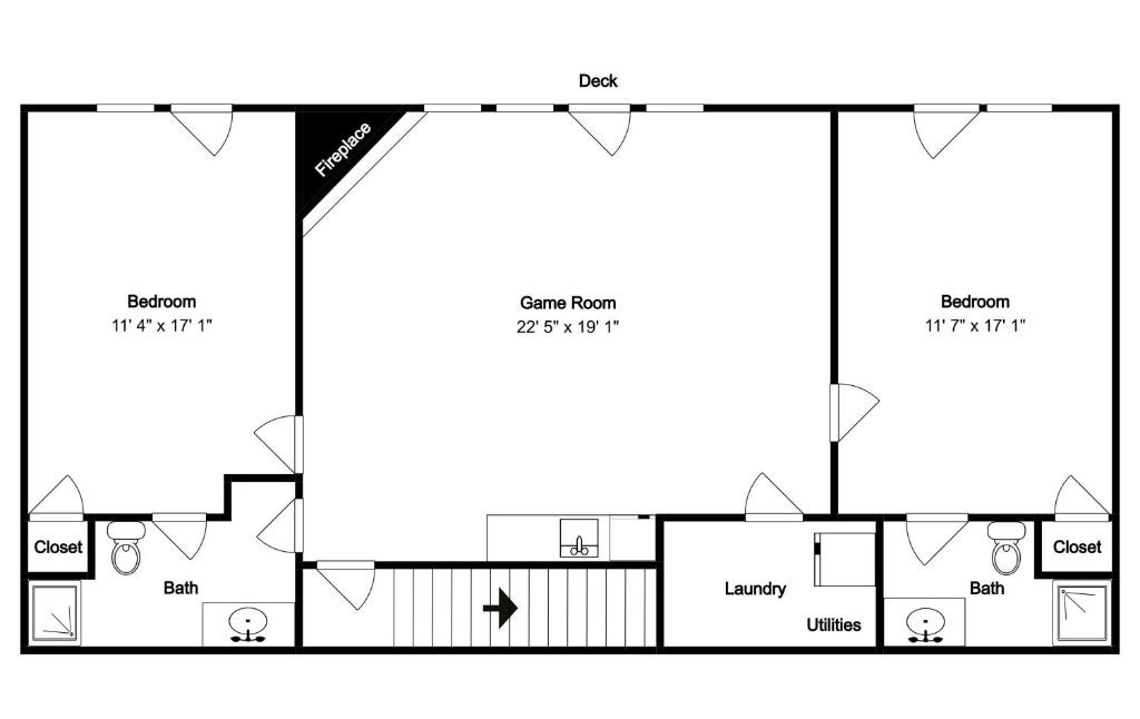 Property floor plan showing two bedrooms, game room, and deck layout for your stay planning.