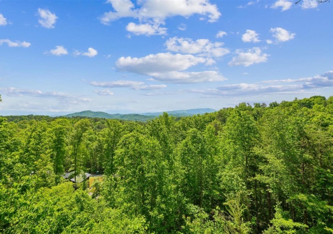Nestled in lush forested mountains, this secluded retreat offers peaceful natural surroundings and scenic mountain views, captured on a beautiful summer day.