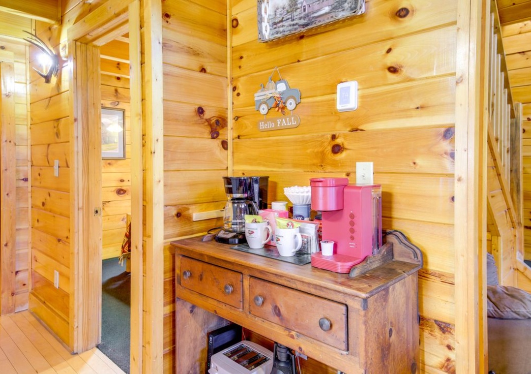 Your cozy coffee station awaits with rustic charm and modern convenience for perfect mornings.