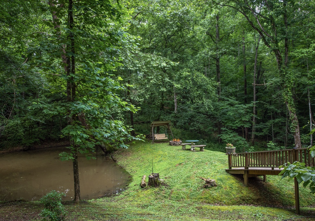 A private wooded retreat features a tranquil pond, wooden deck, and swing, surrounded by lush forest—perfect for peaceful outdoor relaxation.
