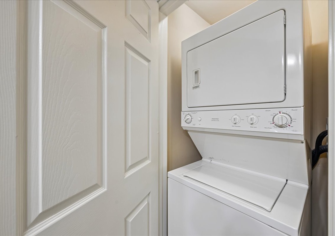 Your in-unit stacked washer and dryer makes keeping fresh clothes effortless during your stay, tucked away in your private laundry closet.