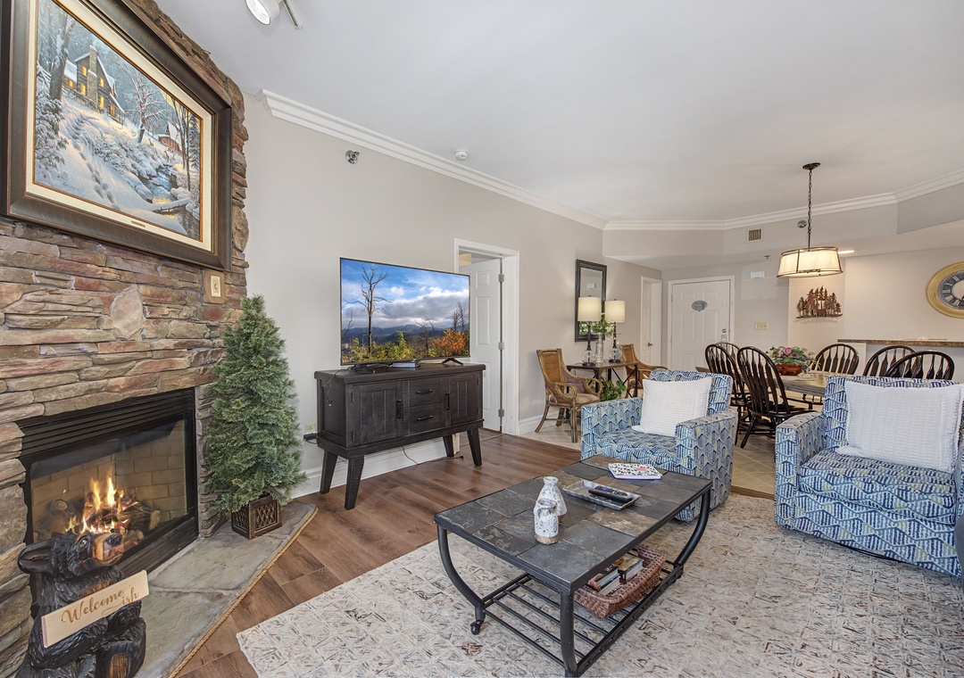 Cozy up by your crackling stone fireplace while enjoying modern comforts in this beautifully appointed living space.