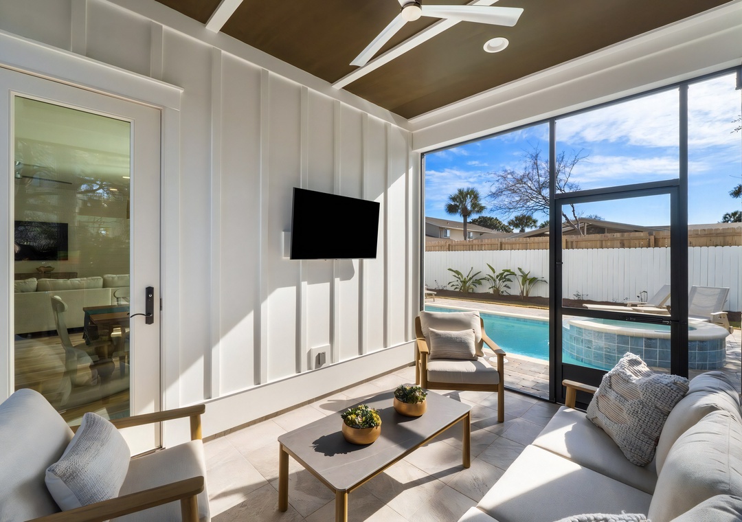 Unwind in shaded comfort with views of the sparkling water.