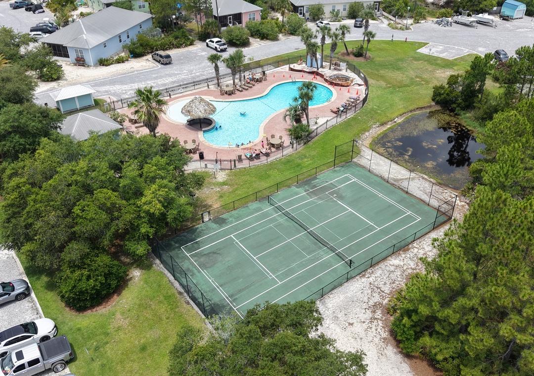 Tennis court and pool